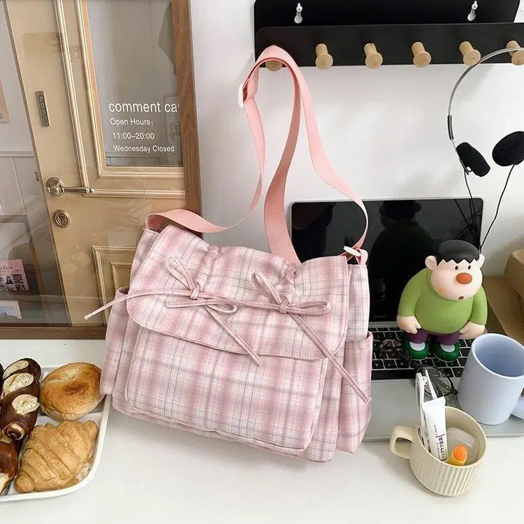 Ballet Style Sweet Bow Bag Womens Large-capacity Bag Leisure Plaid Messenger Bag One-shoulder Tote Bag 240819