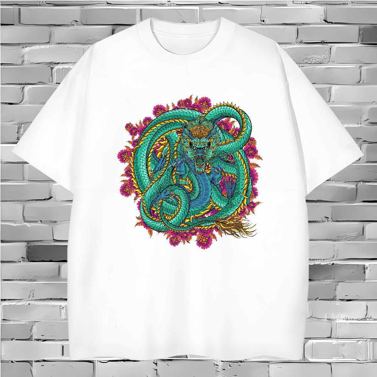Loose Fit dragon T-Shirts Casual Men Tshirts 230g 100% Cotton 2024 Summer Crew Neck Breathable Custom Print Plus Size Wear
