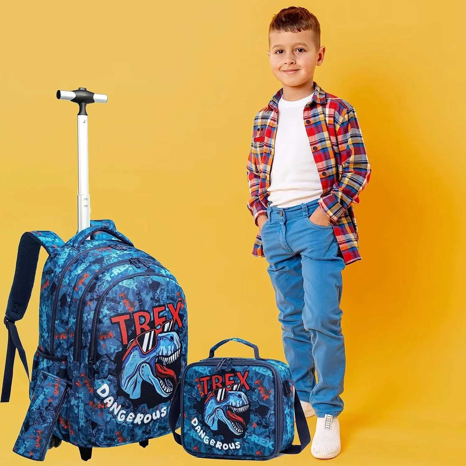 18 Inch School Bags Wheeled Backpack for Boys Girls Travel Rolling Backpack School Trolley Bag Set with Thermal Lunch Box Y240820