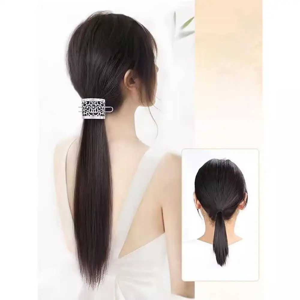 Female synthetic wig metal hollow hair ponytail Chinese style simulation long curly straight hair extension gentle version W240817