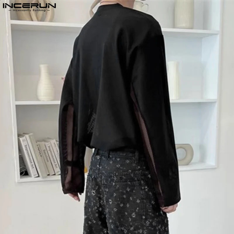 Men T Shirt Mesh Patchwork O-neck Long Sleeve See Through Men Clothing Streetwear Loose Fashion Casual Tee Tops INCERUN 240820