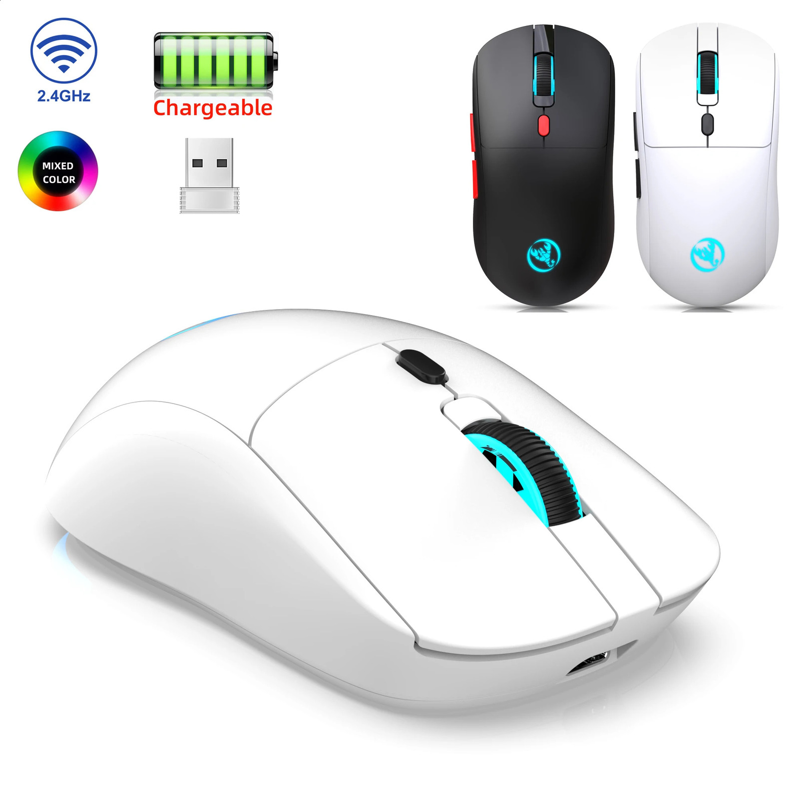 Rechargeable 2.4G USB wireless mouse with adjustable 3600dpi 7-color RGB comfortable mouse suitable for home office laptops and game consoles 240810