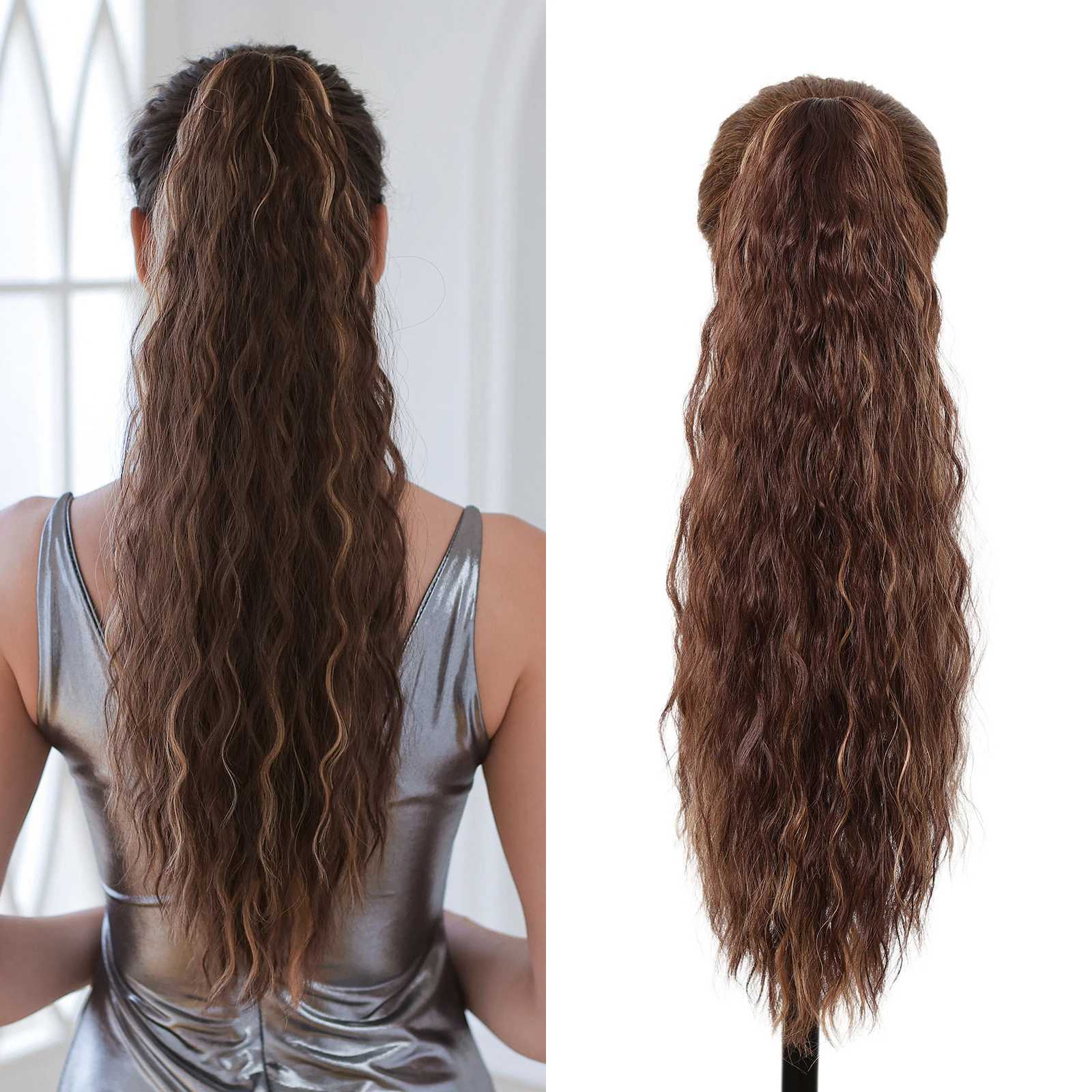 Long curly synthetic ponytail clip dark brown high gloss blonde hair extension 24 inch ponytail wig for womens daily use W240817