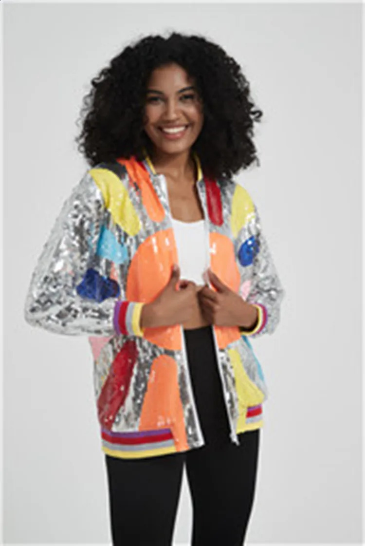 Sequins Coats For Women, Color Patchwork Streetwear Jackets