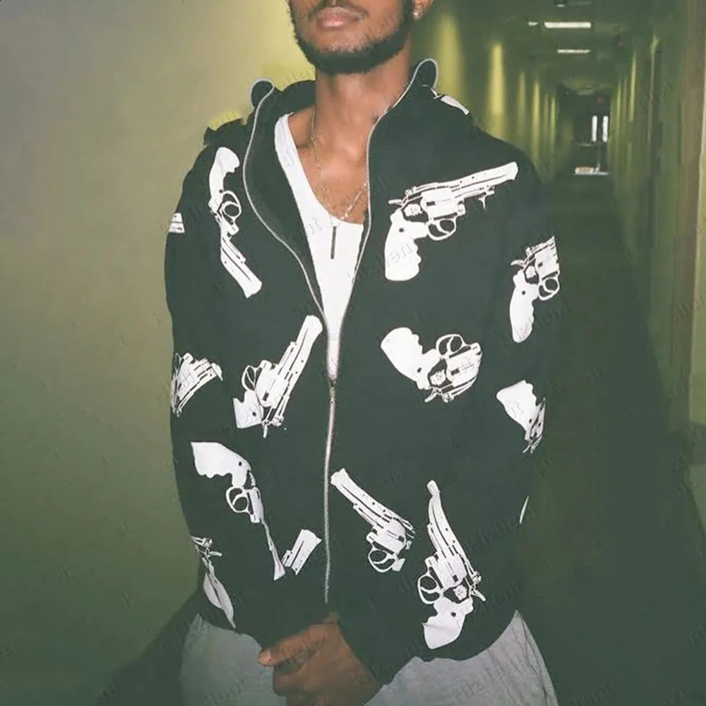 American Street Hip-Hop Rock Tatoo Hooded Jacket For Men Autumn And Winter Loose Lazy Style Plus Velvet Y2k Cardigan Jacket 240819