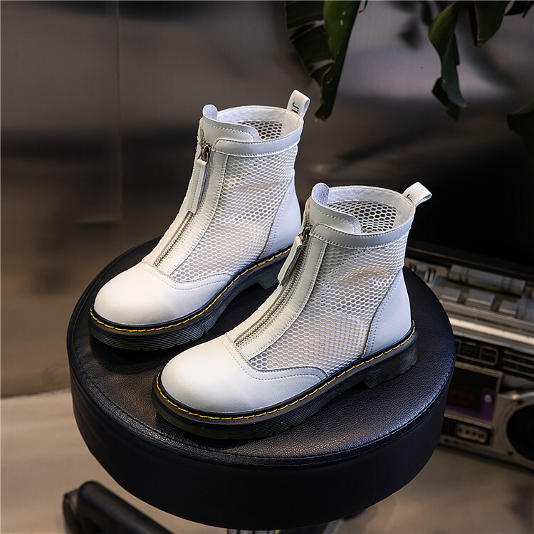 Ddmysports Genuine Leather Martin Summer New Casual Versatile Front Zipper Breathable Mesh Boots For Women S Thick Soles And Mid Length Shoes OUTDOOR