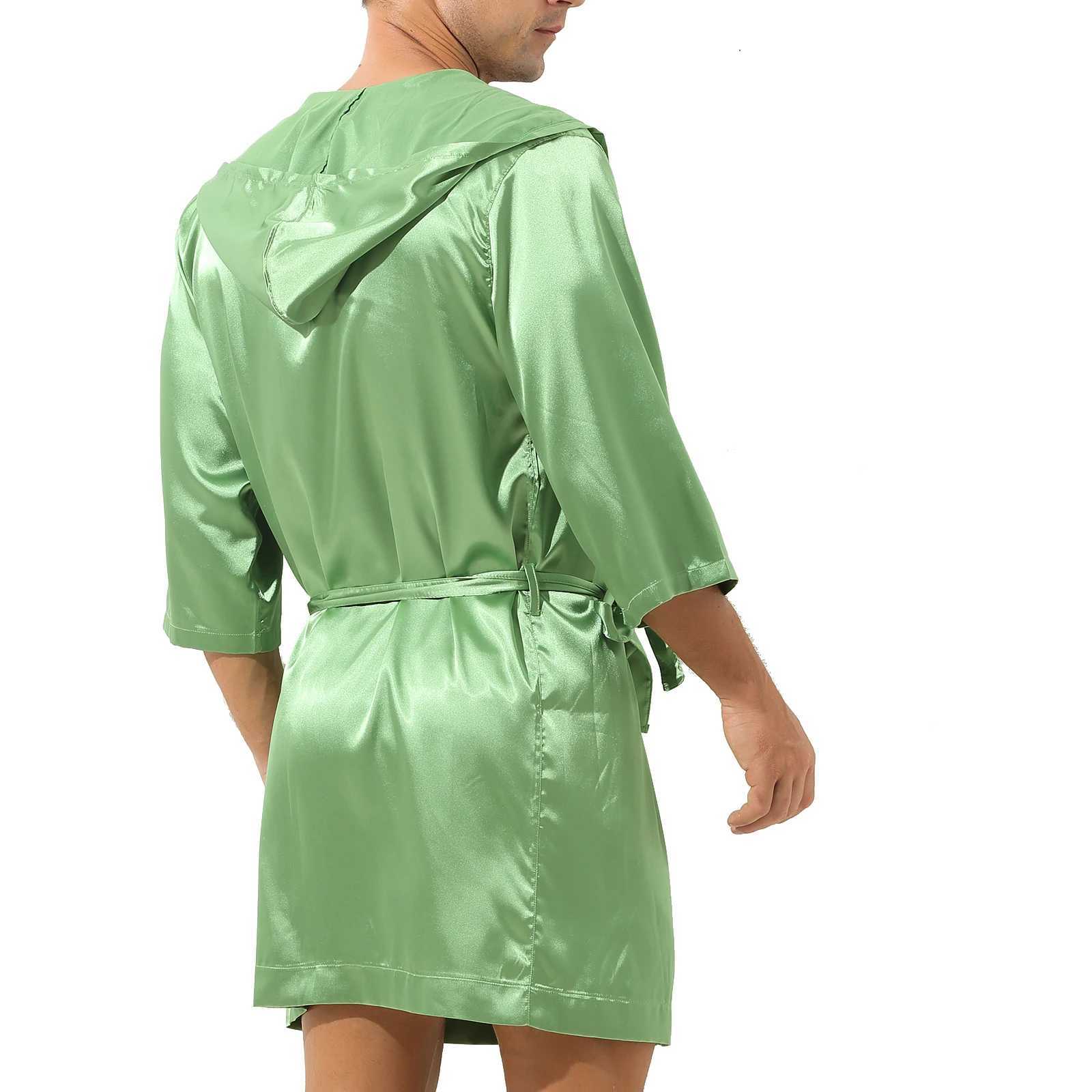Mens satin hooded sleepwear open front sleepwear half sleeved waistband bathroom kimono long robe adult casual wear sleepwearW240719