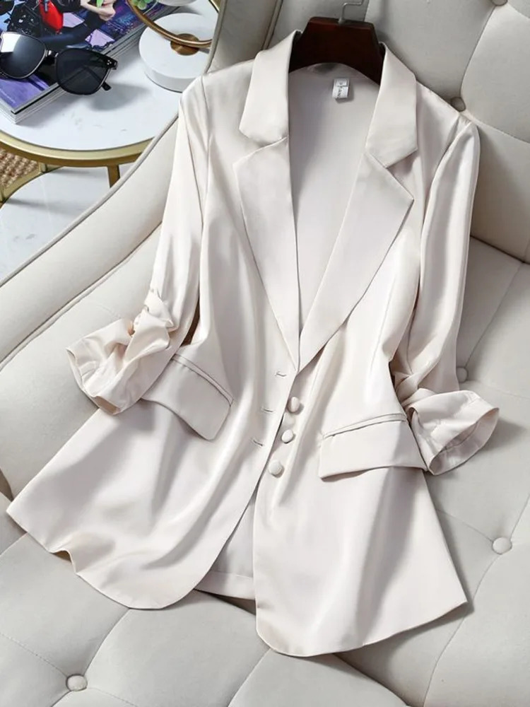 Fashionable womens casual clothing long sleeved lapel solid color single chest office temperature fashionable jacket top 240819