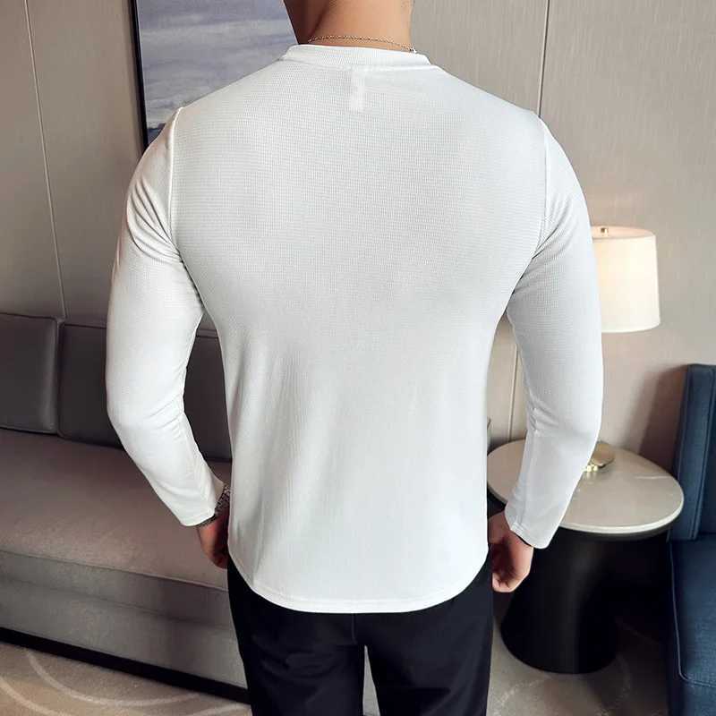 High Elastic T-shirt Men 2023 Autumn New Long Sleeve Round Neck T-shirt Solid Casual Slim Fit White Black T-shirt Men ClothingXJ240819