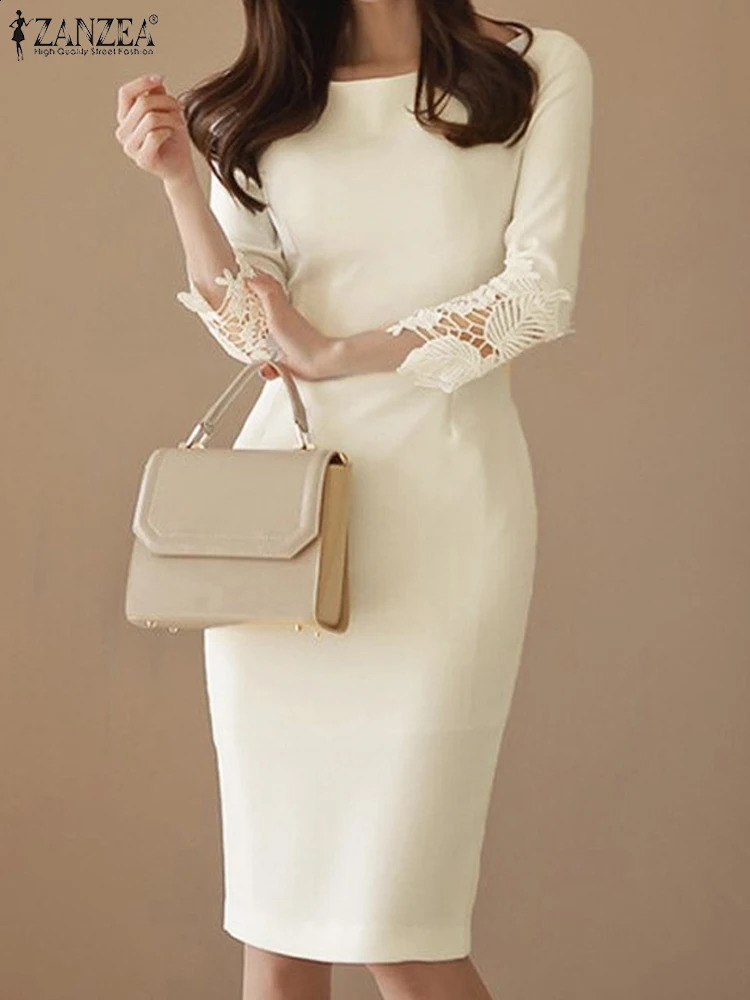 Autumn Dress ZANZEA Elegant Round Neck Women 3/4 Lace Sleeve Vestidos Collect Waist Slim Party Dresses Casual Solid Robes 240819