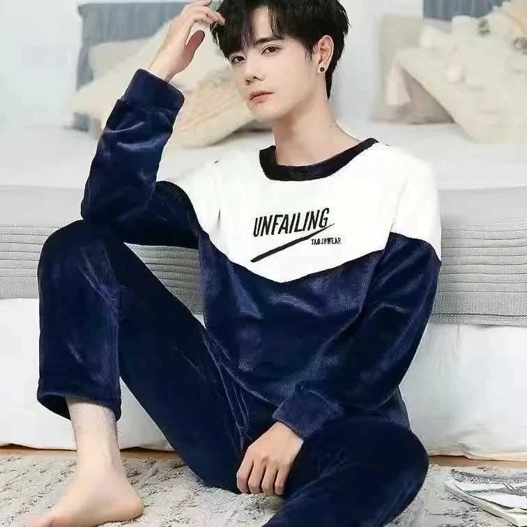 New Mens Pajama Set Thick Warm Flannel Autumn Winter Casual Pajama Home Clothes 2-piece Set Mens Coral Velvet Soft Lounge SetW240719
