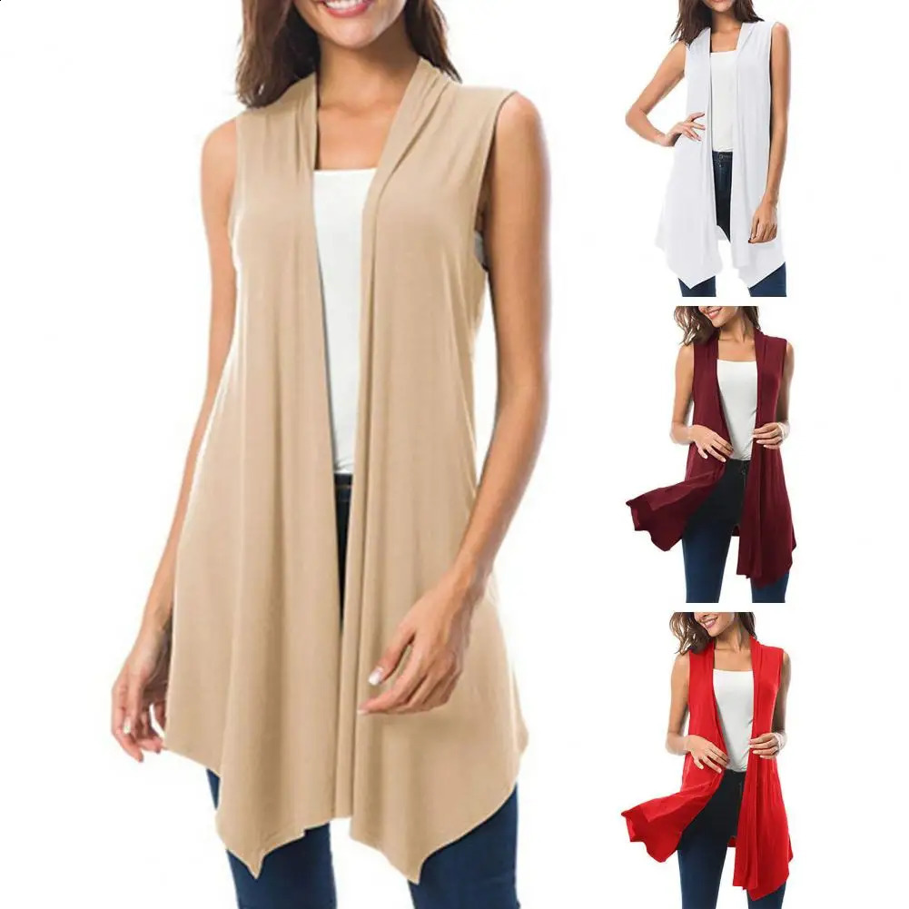 Womens sleeveless cardigan vest fashion womens mid length asymmetrical hem 240819