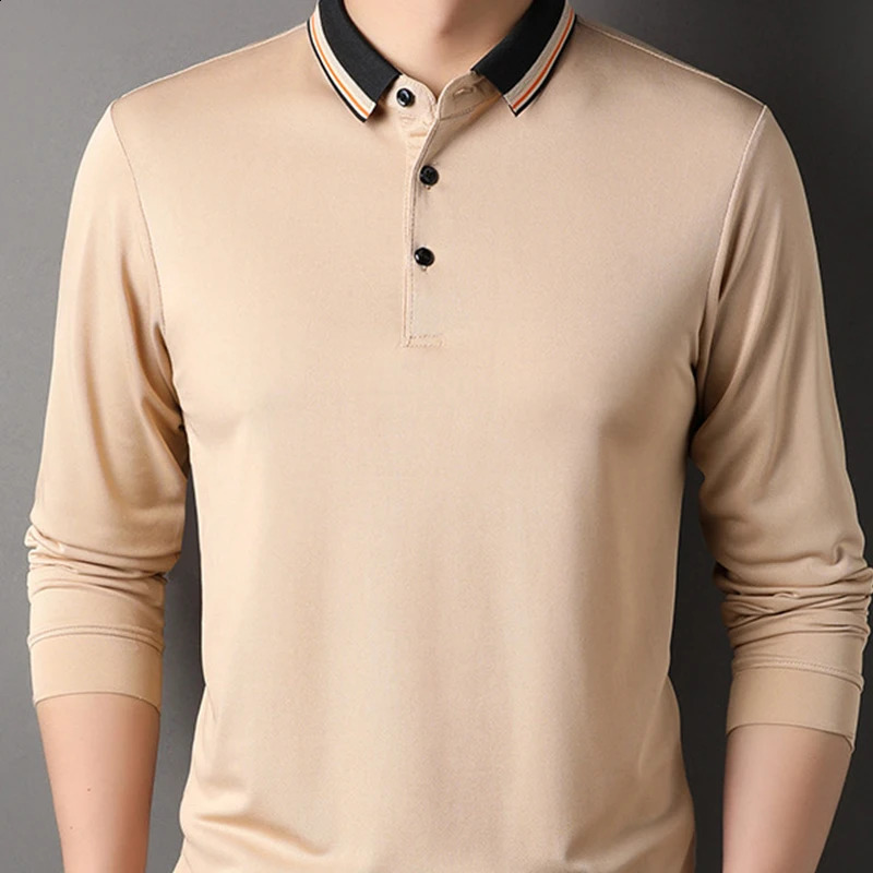 Spring Summer Men Shirts Polo Casual Button Striped Solid Long Sleeve Fashion Turn-down Collar Tee Comfortable Tops 240820