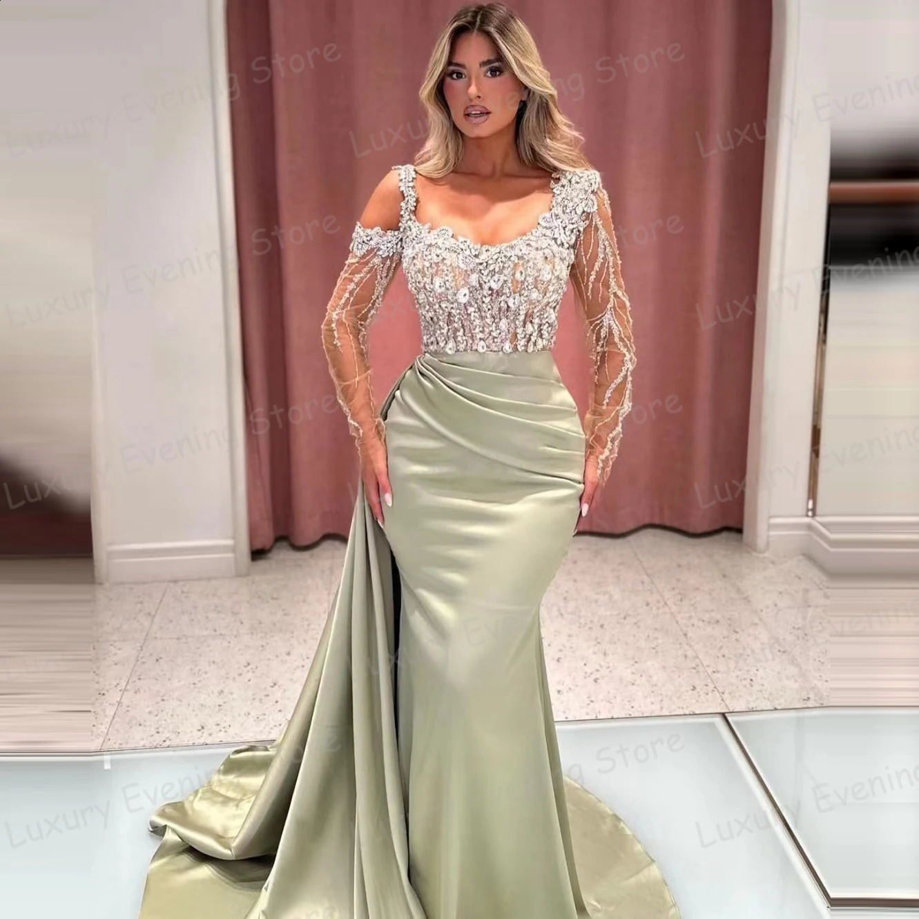 Modern Evening Dresses Womens Mermaid Sexy Sequined Prom Gowns Illusion Long Sleeve Party Elegant Formal Vestido Robe De 240819