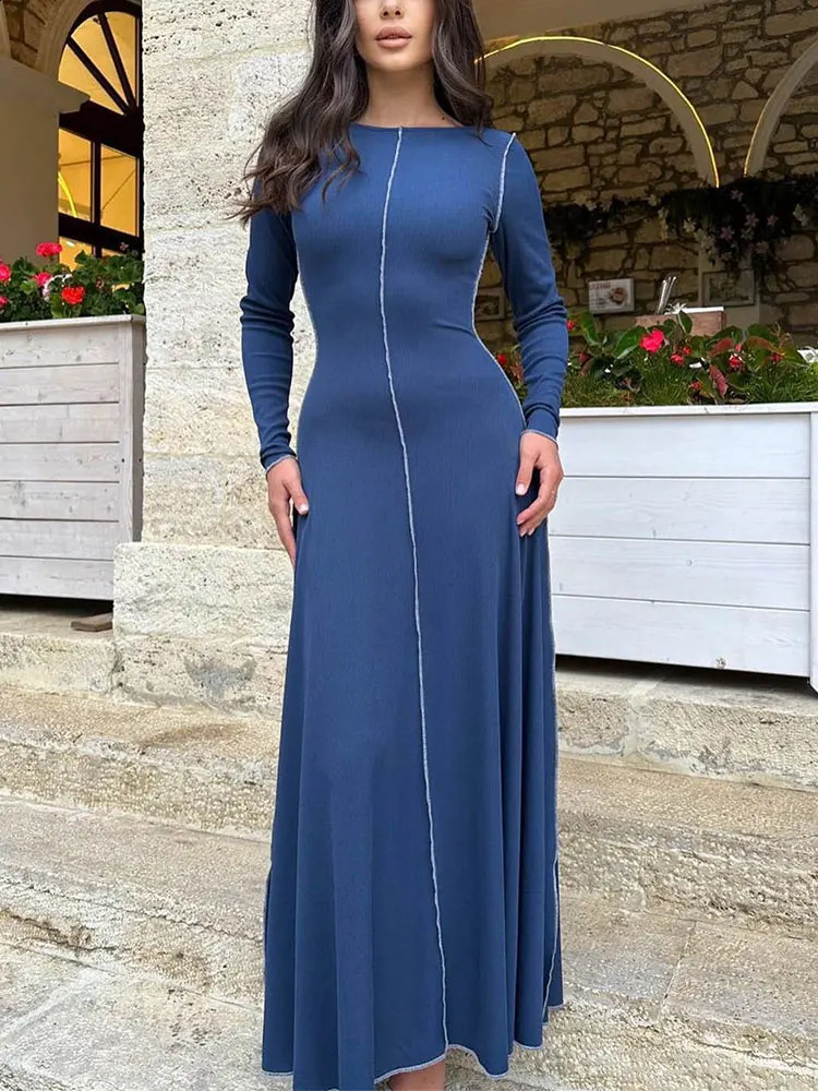 GACVGA Ribbed Knitted Maxi Dress For Women Autumn Winter Long Sleeve Bandage Fashion High Waist Elegant Sexy Party Dress 240819