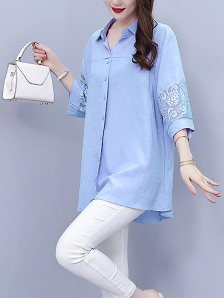 Wxw2824 Pink Blue Office Shirt Womens Half Sleeve Splicing Lace Hollow Joint Top and Collar 240814