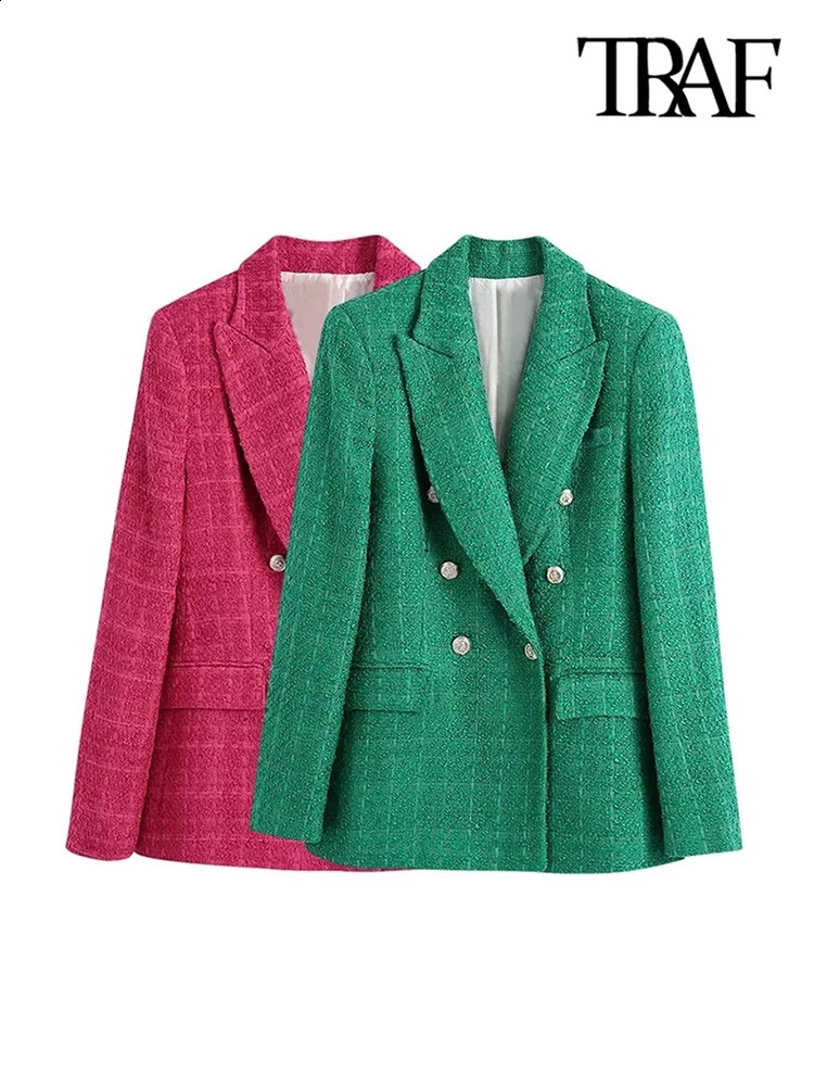 TRAF Womens Fashion Double Chest Coarse Floral Green Jacket Retro Long Sleeve Flip Pocket Coat 240819