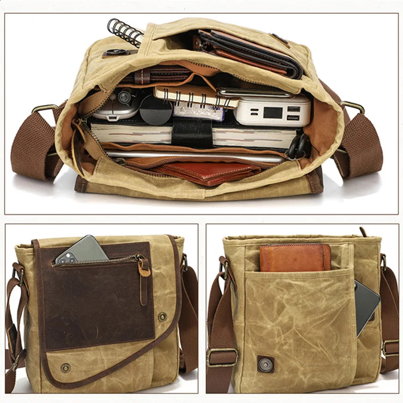 Mens Small Vintage Messenger Waterproof Travel Shoulder Crazy Horse Leather Waxed Canvas Crossbody Bag 240819