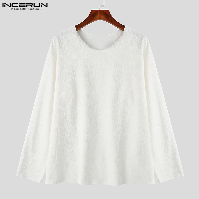INCERUN Tops Korean Style Fashion Mens Loose V-neck Knitted T-shirts Summer Casual Streetwear Long Sleeved Camiseta S-5XL 240820