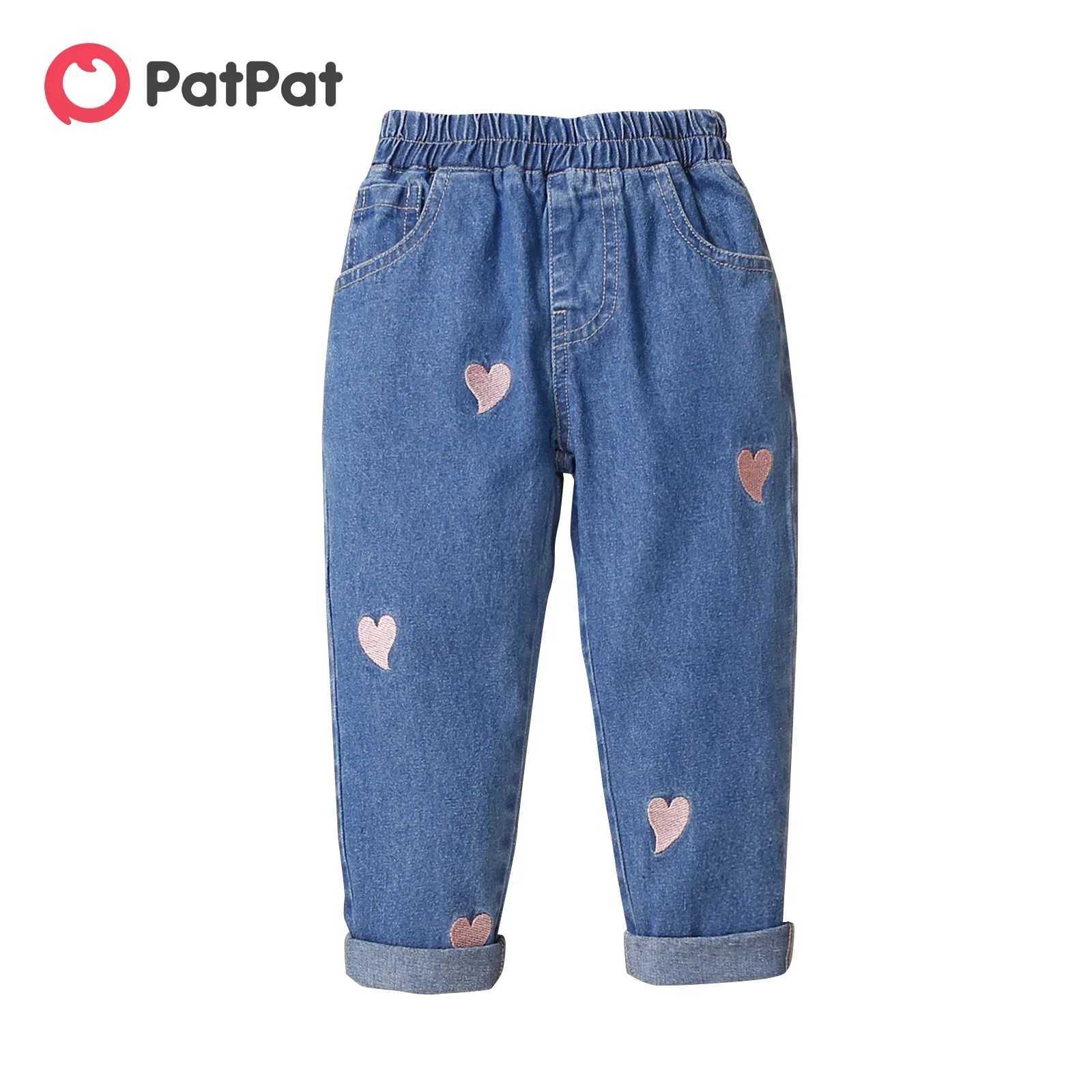 Preschool Girls Heart Embroidered Elastic Blue Denim Jeans Suitable for Summer Soft and ComfortableW240819