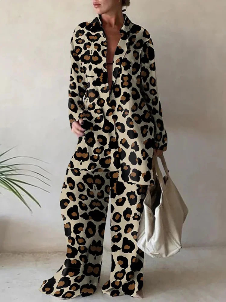 Women Printed Full Sleeve Long Cardigan Top Outfit Spring Autumn Turn-Down Collar Button Ladies Matching Set Wide Leg Pants Suit 240819