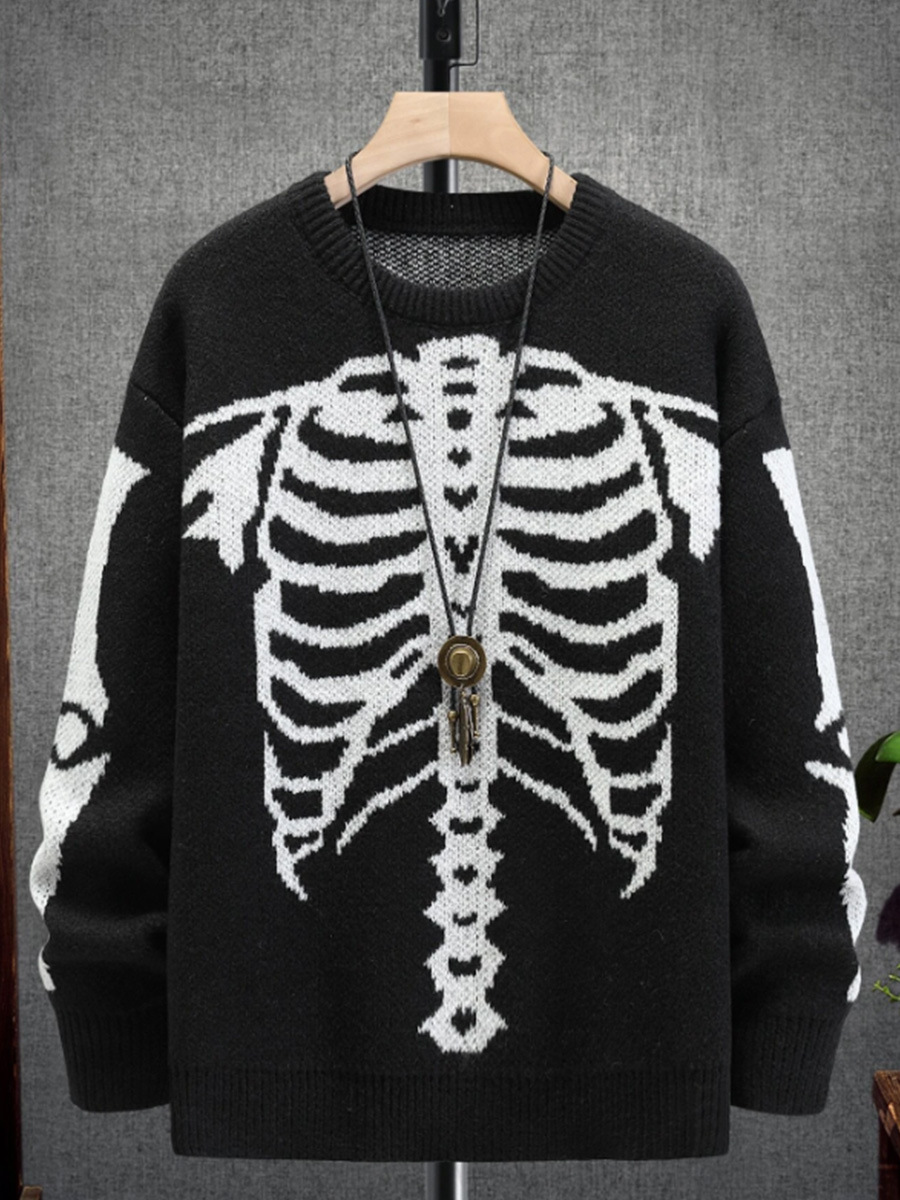 Women's Sweaters Round neck pullover long sleeved Halloween sweater contrasting color skull jacquard knit sweater