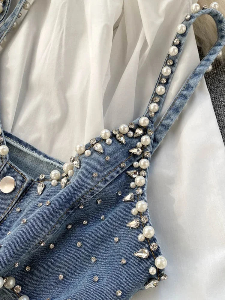 Spring and Autumn Warm Shirt Womens Collar Beaded Stacked Beads Blusa Strap Waist Coat C Fashion Two piece C814 240819