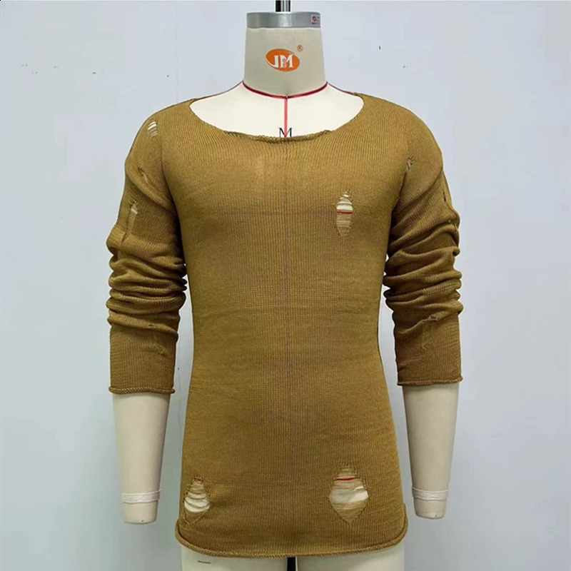 Mens casual top for spring and summer fashion solid knit long sleeved torn sweater mens Tshirt holiday streetwear chic shirt 240819