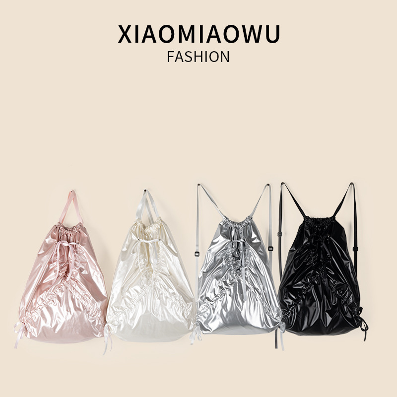 Korean version bow drawstring pocket for women, fashionable high-end, simple and casual backpack with large capacity