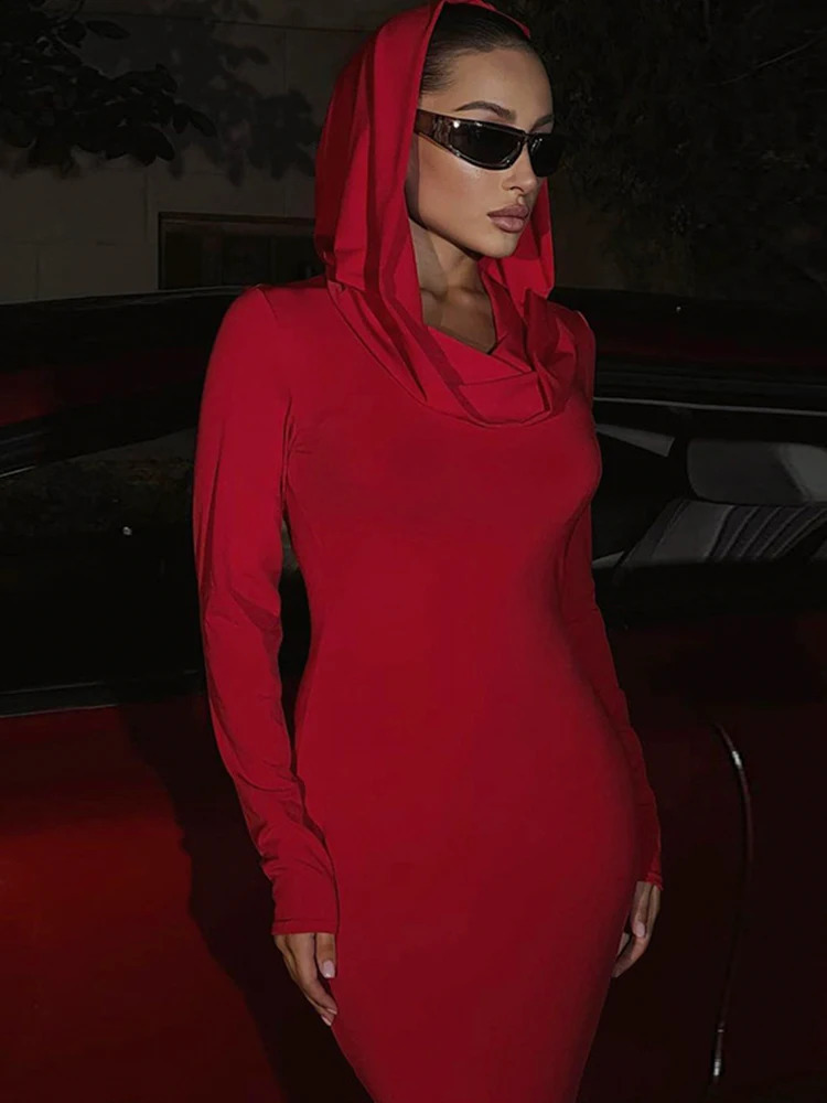 Ahagaga Fashion Sexy Solid Hooded Maxi Dresses Women Elegant Casual Long Sleeve Slim Bodycon Party Vestidos Robes Streetwear 240819