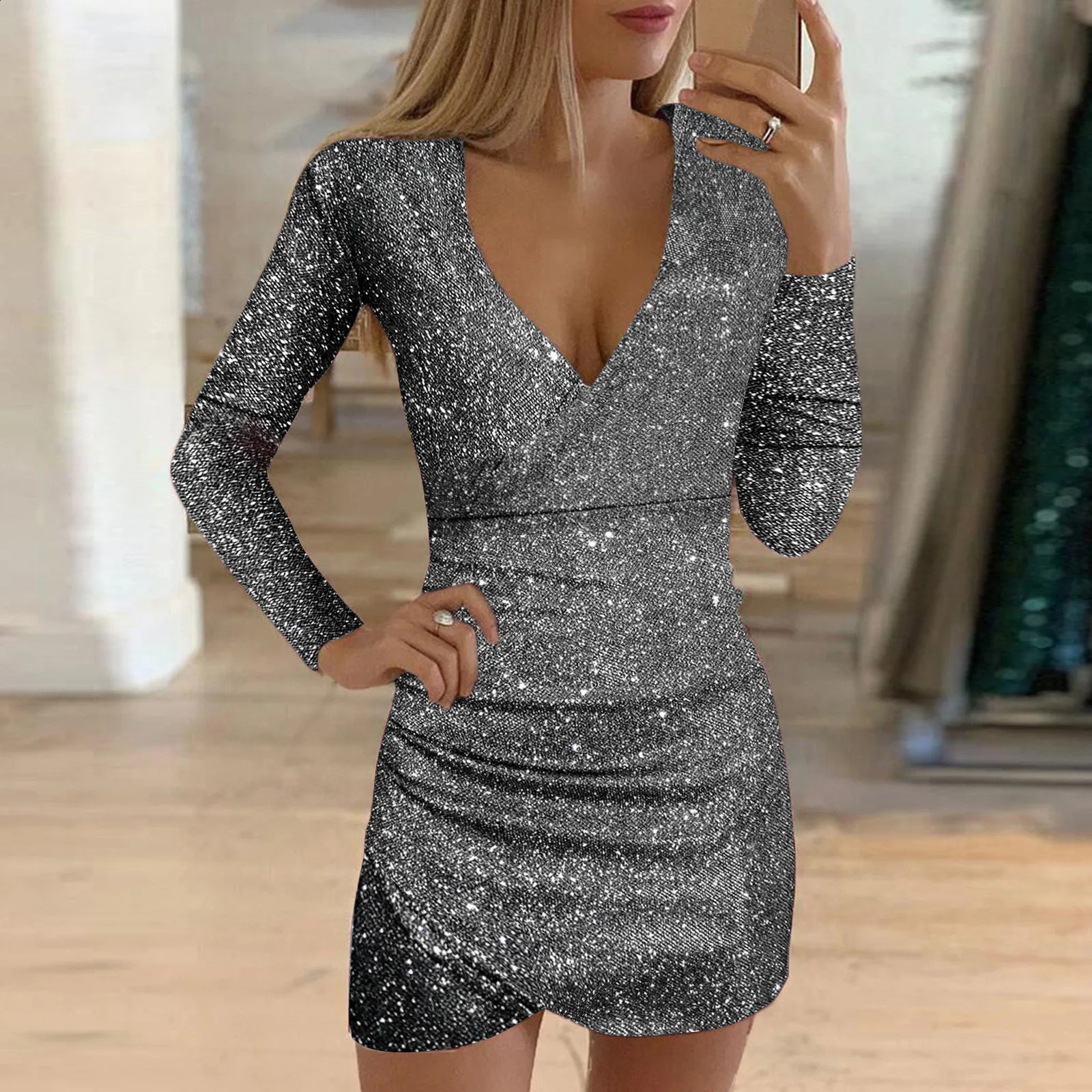 Petite Dresses For Women Casual Long Sleeve Women Sexy Dress Sequins V-Neck Sexy Long Sleeve Self Floral Cocktail Dress 240819