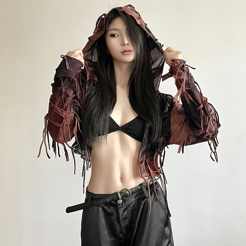 Yangelo Gothic dark patchwork work fringe fairy pleated hooded cardigan womens Y2K retro long sleeved ultrathin button crop top 240814