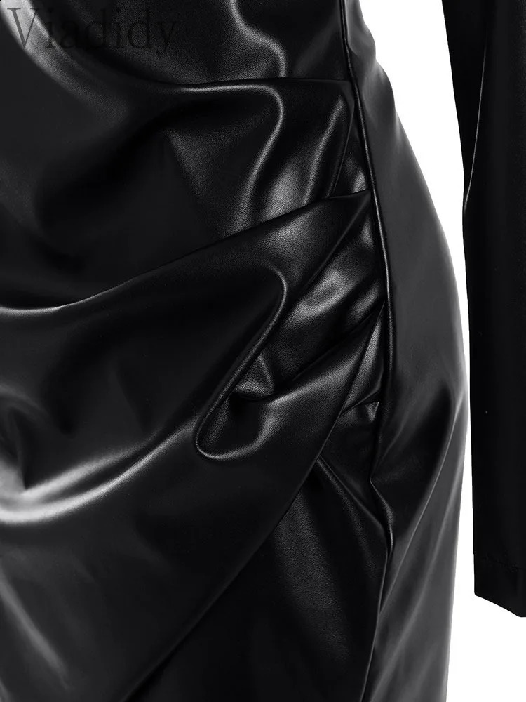 PU Leather Turndown Collar Low Cut Long Sleeve Ruched Bodycon Dress 240819