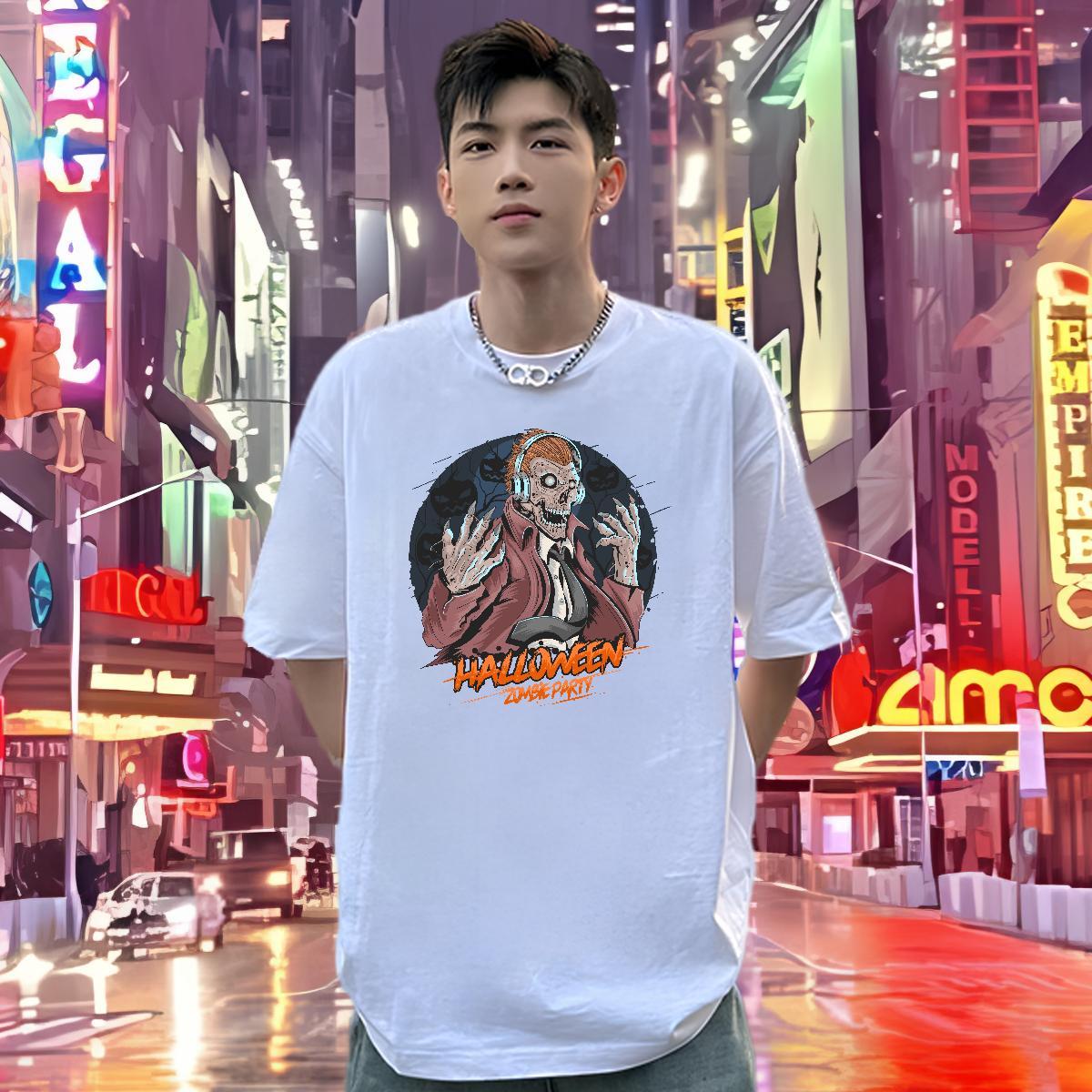 2024 DIY Mens Tshirts skull Summer Casual 230g Pure Cotton Tee Shirt Short Sleeve O-Neck Cool Design Man T Shirts Black White