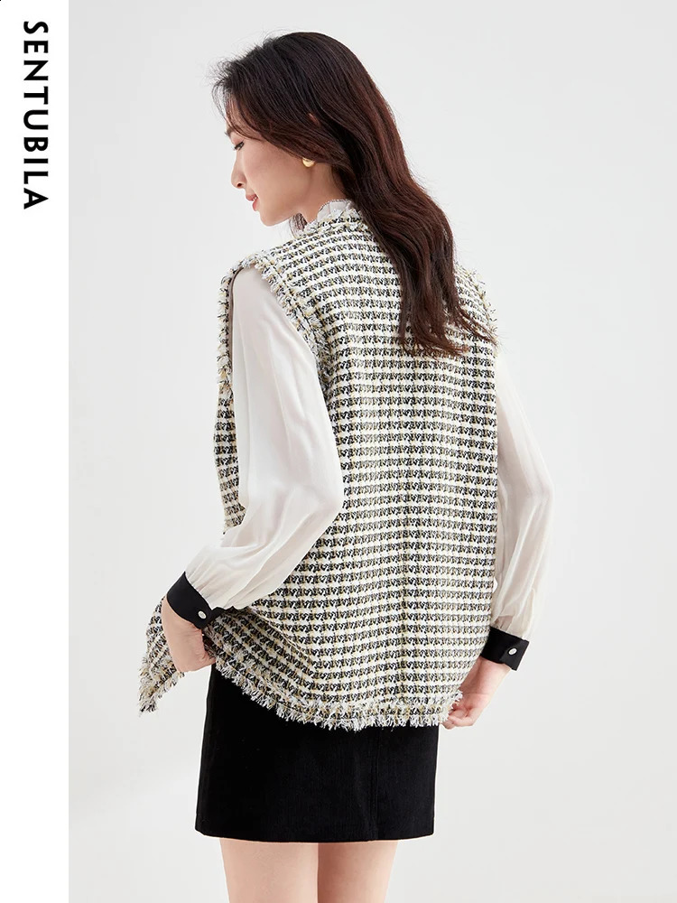 SENTUBILA Tweed Sleeveless Jacket Womens Loose Hound Tank Top Spring and Autumn Vneck Fashion 133J50661 240819