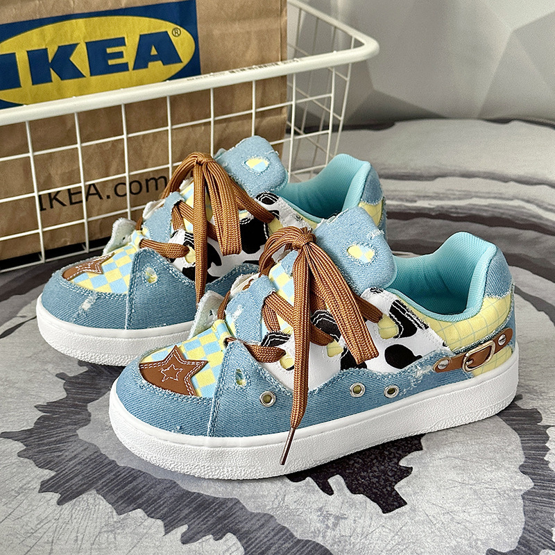 Long Foot New Sports Bread Cow Pattern Denim Patching Autumn and Winter BAKE Men's China-Chic Skateboarding Women's Shoes