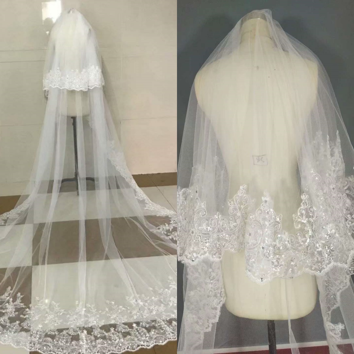 Generous Wedding Veil Appliques Sequins Two Layer Long Chapel Length Veils Lace Applique Edge Custom Made Bridal Accessories