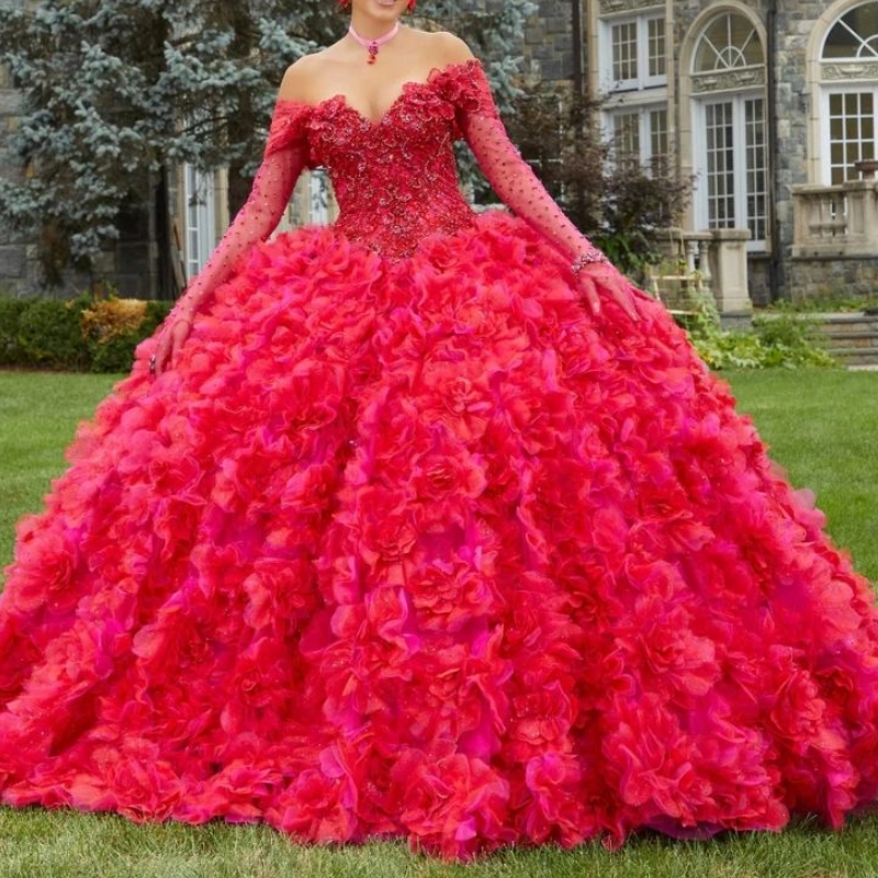 Red Shiny Princess Ball Gown Quinceanera Dress Off the Shoulder Long Sleeve Beads Lace Tull Tiered Party Birthday Vestidos De 15 Anos