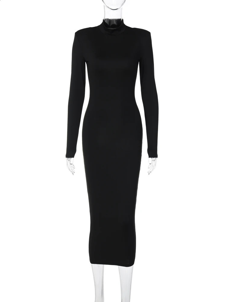 Hugcitar Women Fashion Turtleneck Long Sleeves Black Sexy Bodycon Maxi Prom Dress Fall Casual Streetwear Halloween Costumes 240819