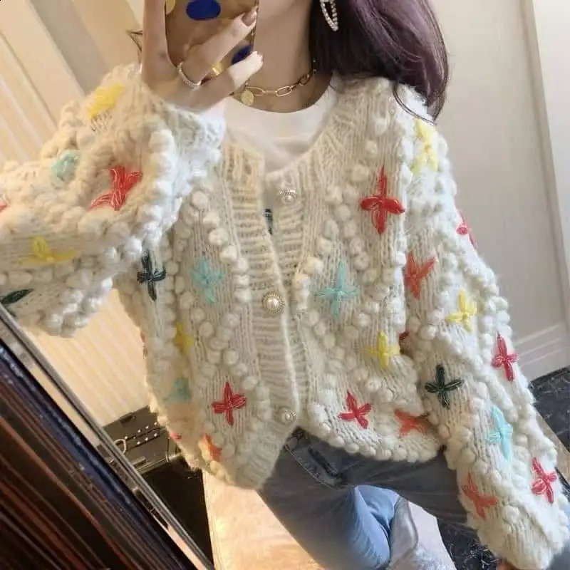 Crochet multicolor star knitted retro cardigan woolen sweater thick handmade jacket autumnwinter Auman clothing 240819