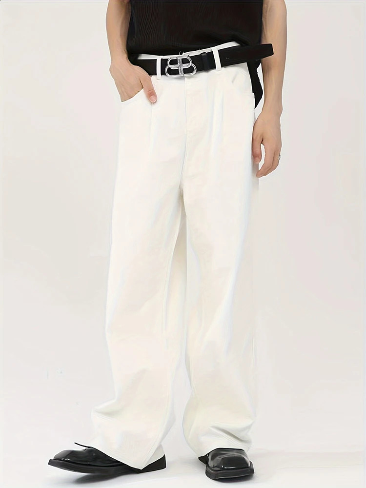 Fashion White Jeans Mens High Street Solid Color Denim Pants Korean Casual Loose Straight Wide Leg Trousers y2k Clothes 2024 240814