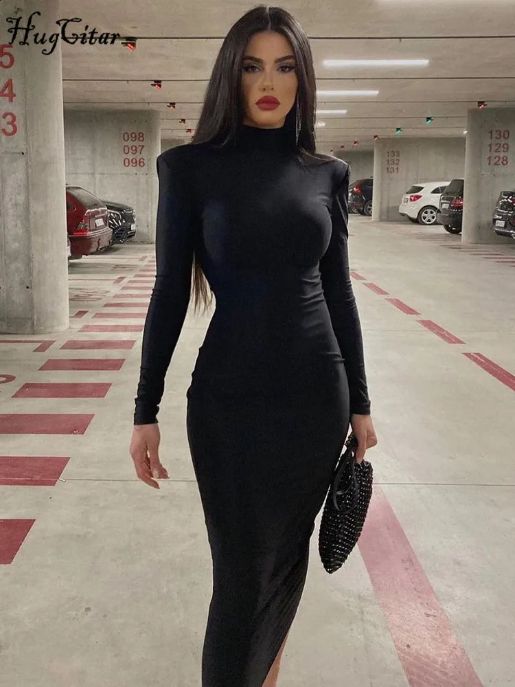 Hugcitar Women Fashion Turtleneck Long Sleeves Black Sexy Bodycon Maxi Prom Dress Fall Casual Streetwear Halloween Costumes 240819