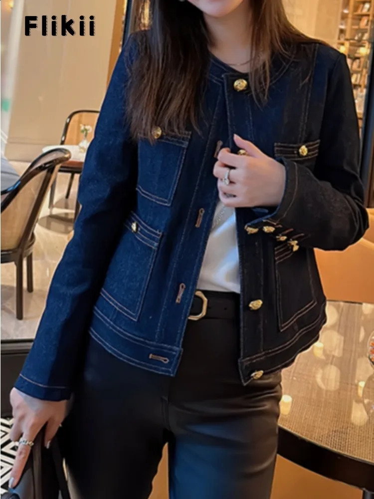 Korean fashion single chest long sleeved jacket autumn womens casual solid elegant round neck pocket retro denim 240814