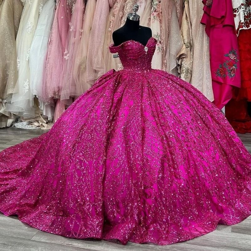 Rose Red Quinceanera Dresses Ball Gown Sequined Off The Shoulder Beaded Crystal Bow Tull Party Birthday Sweet Dress vestidos de 15 anos