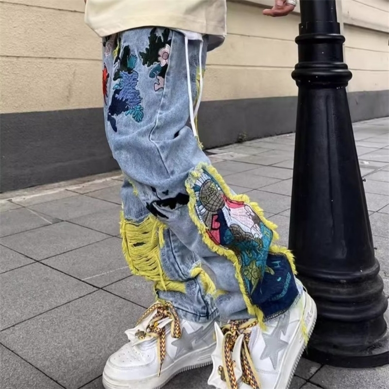 Embroidery heavy industry jeans couple summer trend hip-hop high street American style y2k brushed loose straight-leg pants 240819