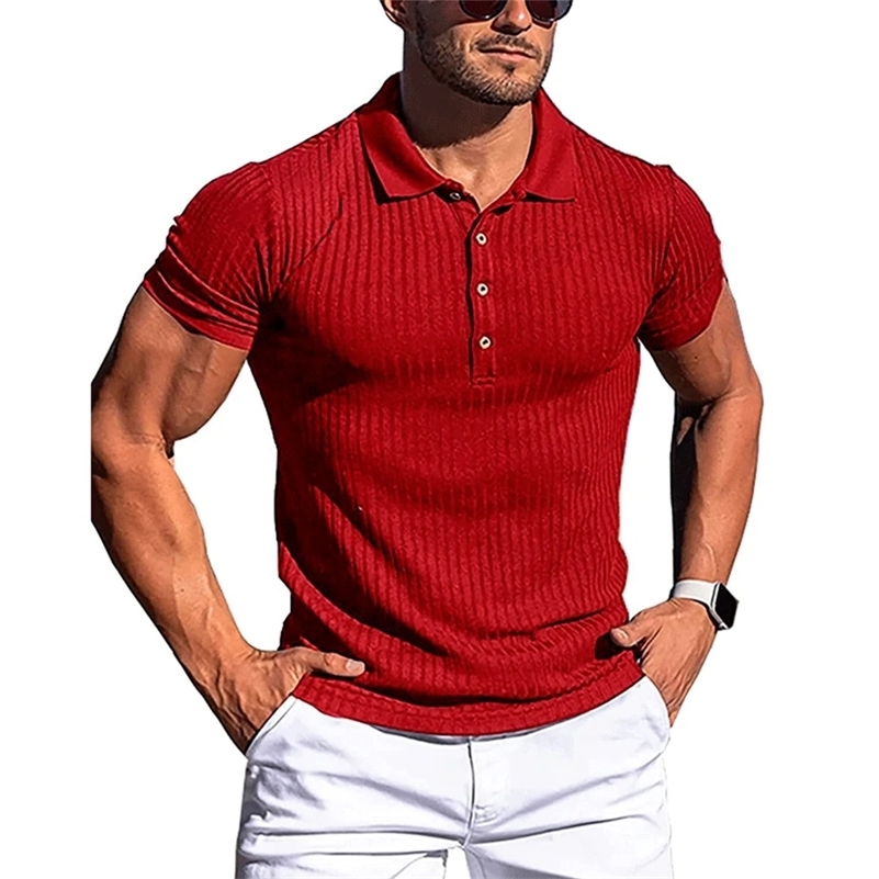 Mens Elastic Short-sleeved Polo Shirt Mens Solid Color Striped Fitness Collar Mens Shirt Summer Anti-pilling 240819