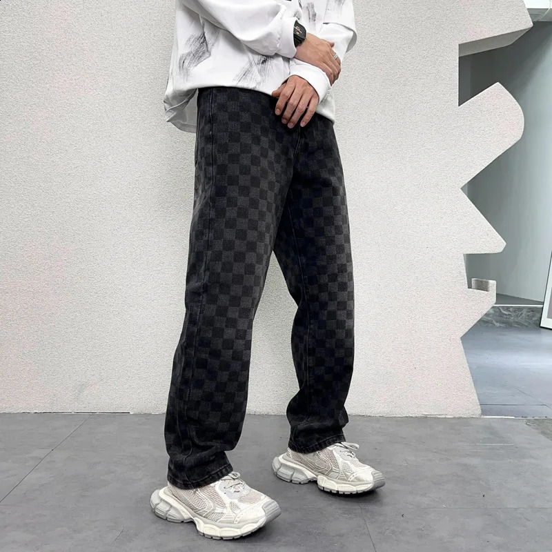 Plaid printed jeans for men Autumn Fashion Street straight loose casual wide-leg mop Y2K denim long pants