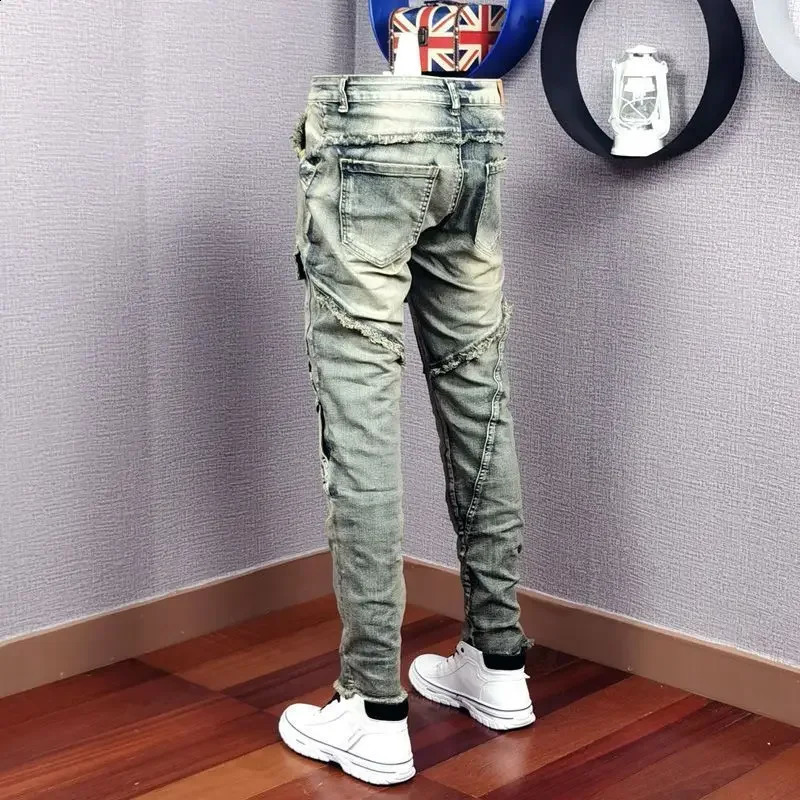 Autumn Winter Broken Denim Jean Mens Patch Slim Feet Fashion Retro Cargo Pants Vintage Pantalon Skinny Homme Jeans 240819