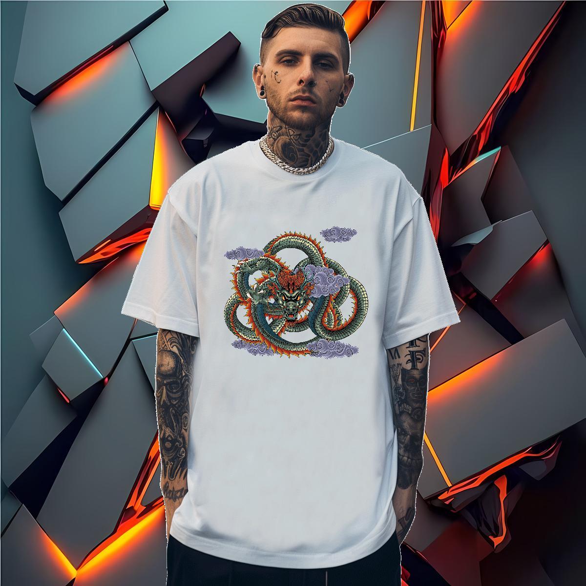 Men T Shirts 230g Pure Cotton dragon Spring Summer Crew Neck Breathable Black Oversized Tshirt for Man Woman Classic Loose Clothings