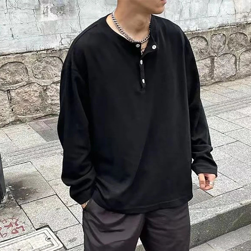Autumn Winter Pleated Texture Long Sleeve Men T Shirt Buttons Fashion Casual Business Keep Warm 2xl Oversized Pullover Top White 240820